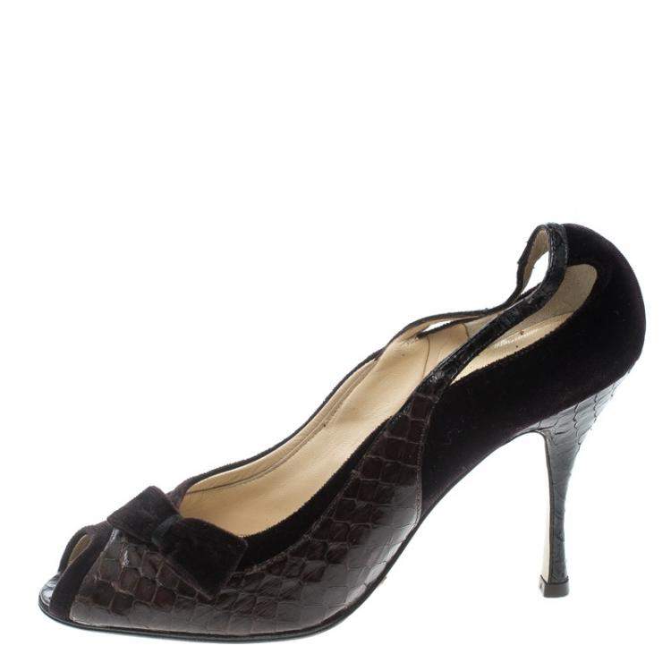 Pre Owned Dolce & Gabbana Brown Velvet and Python Pumps Size 38