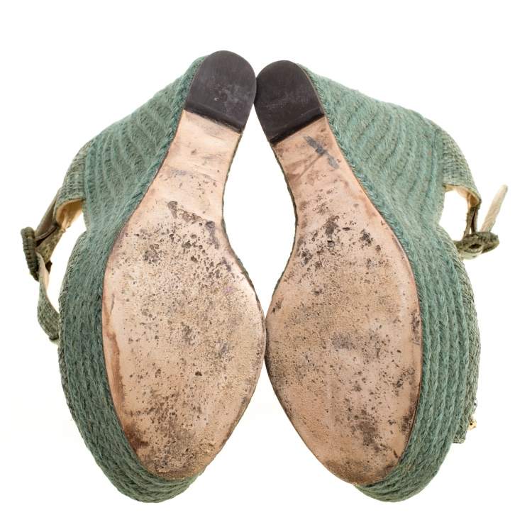 Pre Owned Dolce & Gabbana Green Raffia Bianca Crystal Embellished Espadrille Wedge Sandals Size 38