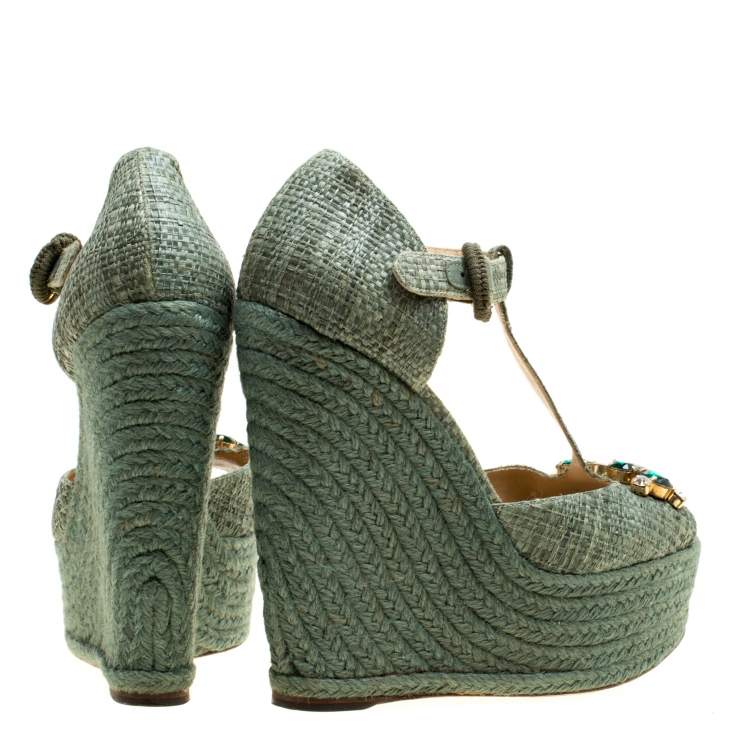 Pre Owned Dolce & Gabbana Green Raffia Bianca Crystal Embellished Espadrille Wedge Sandals Size 38