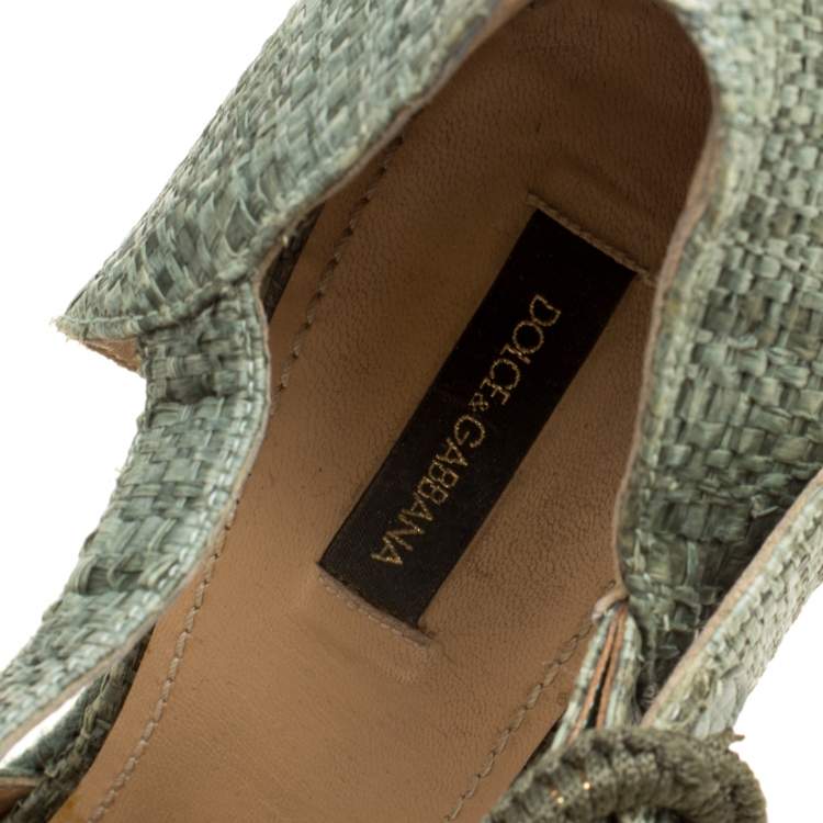 Pre Owned Dolce & Gabbana Green Raffia Bianca Crystal Embellished Espadrille Wedge Sandals Size 38