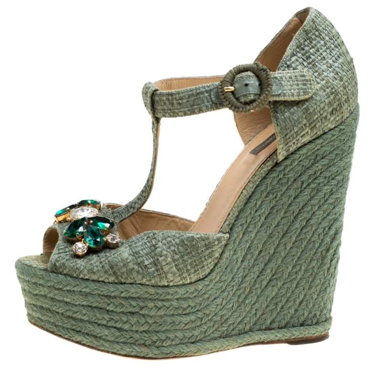 Pre Owned Dolce & Gabbana Green Raffia Bianca Crystal Embellished Espadrille Wedge Sandals Size 38