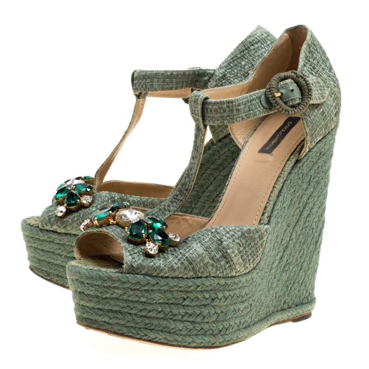 Pre Owned Dolce & Gabbana Green Raffia Bianca Crystal Embellished Espadrille Wedge Sandals Size 38