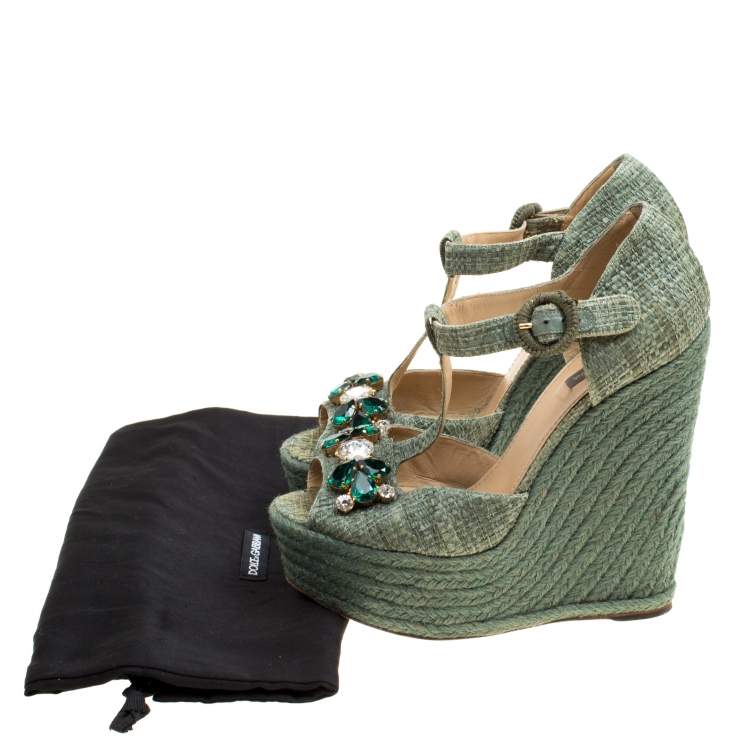 Pre Owned Dolce & Gabbana Green Raffia Bianca Crystal Embellished Espadrille Wedge Sandals Size 38
