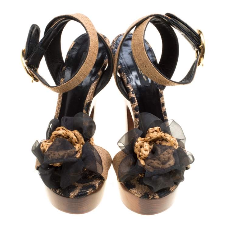 Pre Owned Dolce & Gabbana Beige Leopard Raffia Platform Sandals Size 38