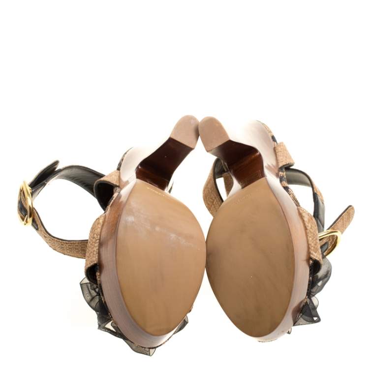Pre Owned Dolce & Gabbana Beige Leopard Raffia Platform Sandals Size 38