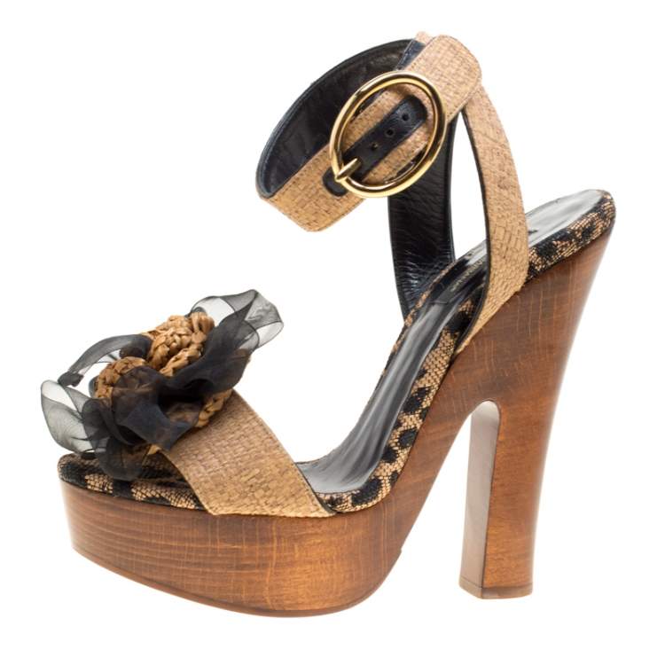 Pre Owned Dolce & Gabbana Beige Leopard Raffia Platform Sandals Size 38