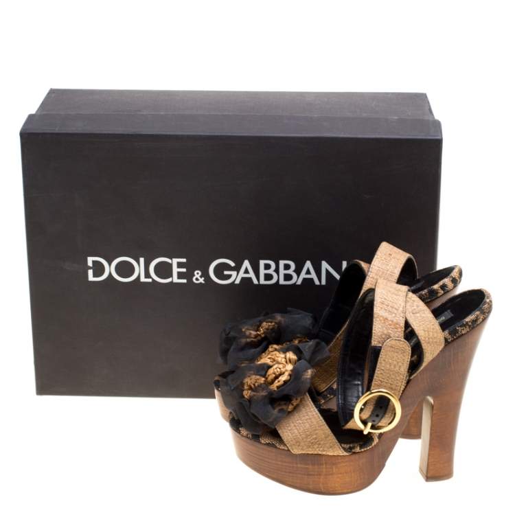 Pre Owned Dolce & Gabbana Beige Leopard Raffia Platform Sandals Size 38