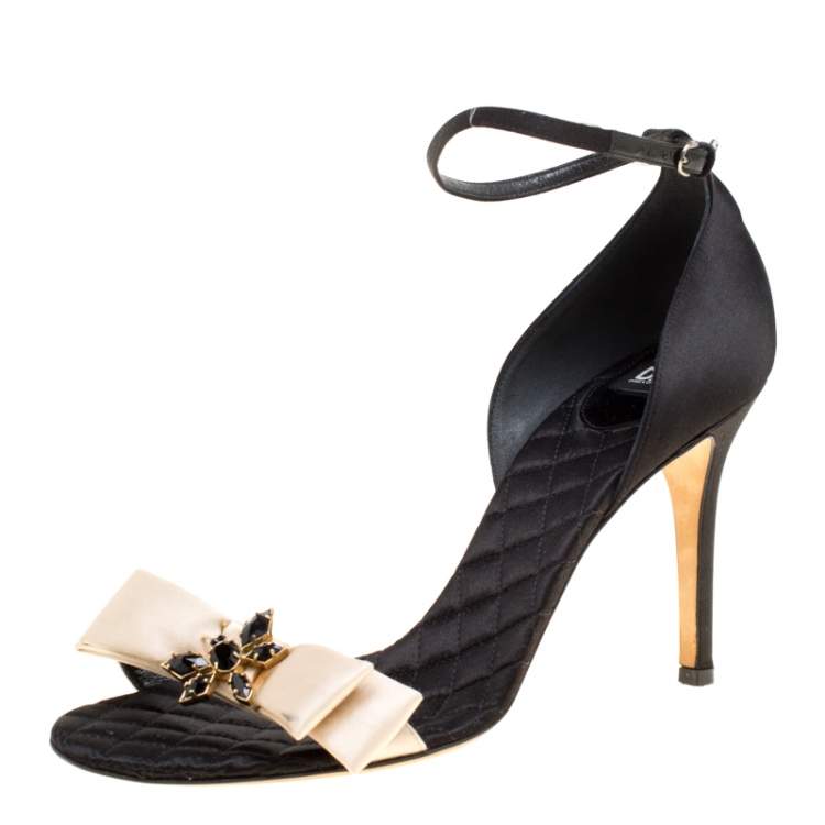 Pre Owned Dolce & Gabbana Beige/ Black Satin Ankle Strap Open Toe Sandals Size 40