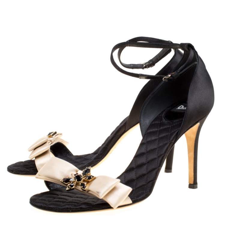 Pre Owned Dolce & Gabbana Beige/ Black Satin Ankle Strap Open Toe Sandals Size 40