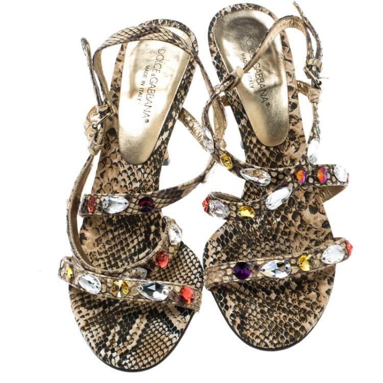 Pre Owned Dolce & Gabbana Beige Python Crystal Embellished Slingback Sandals Size 37
