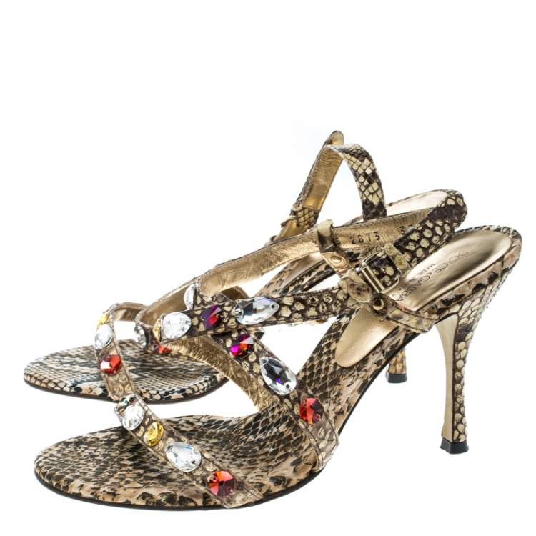 Pre Owned Dolce & Gabbana Beige Python Crystal Embellished Slingback Sandals Size 37