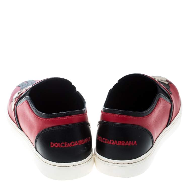 Pre Owned Dolce & Gabbana Red Leather Applique Detail Slip On Sneakers Size 38.5