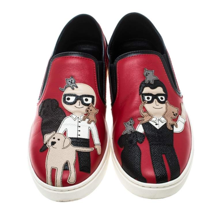 Pre Owned Dolce & Gabbana Red Leather Applique Detail Slip On Sneakers Size 38.5