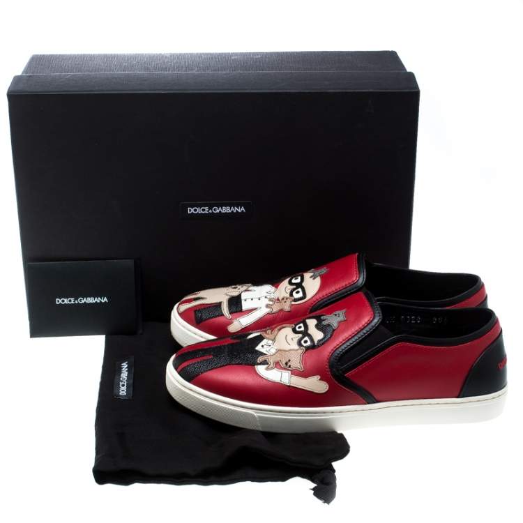 Pre Owned Dolce & Gabbana Red Leather Applique Detail Slip On Sneakers Size 38.5