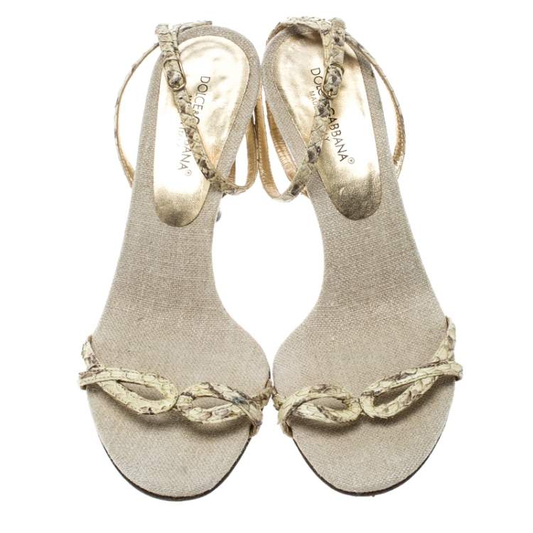Pre Owned Dolce & Gabbana Cream Python Leather Ankle Strap Sandals Size 37.5