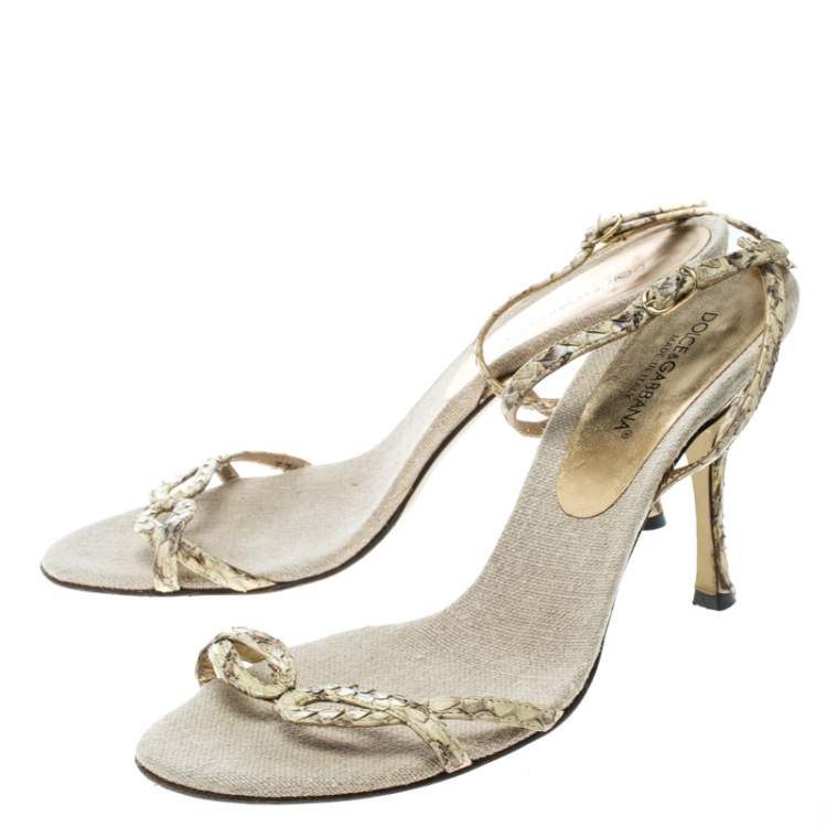 Pre Owned Dolce & Gabbana Cream Python Leather Ankle Strap Sandals Size 37.5