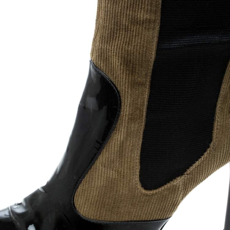 Pre Owned Dolce & Gabbana Black/Khaki Green Patent Leather and Corduroy Pointed Toe Boots Size 39