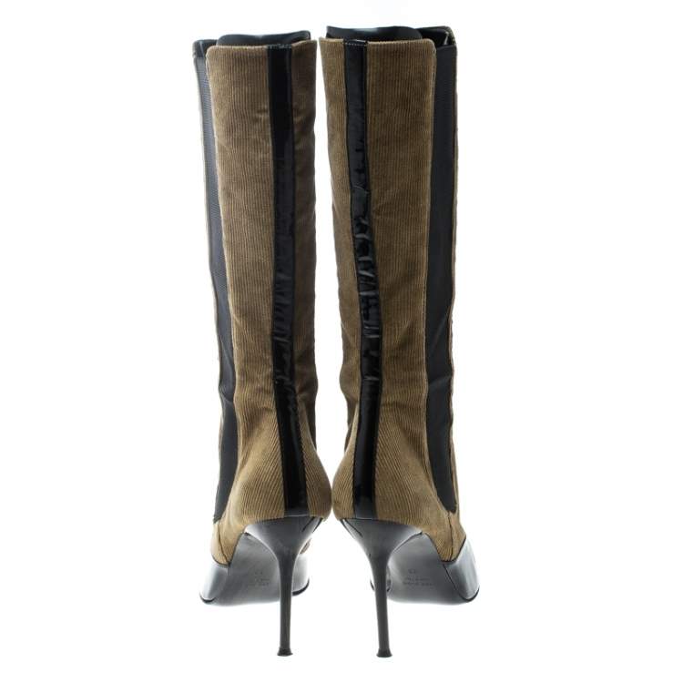 Pre Owned Dolce & Gabbana Black/Khaki Green Patent Leather and Corduroy Pointed Toe Boots Size 39