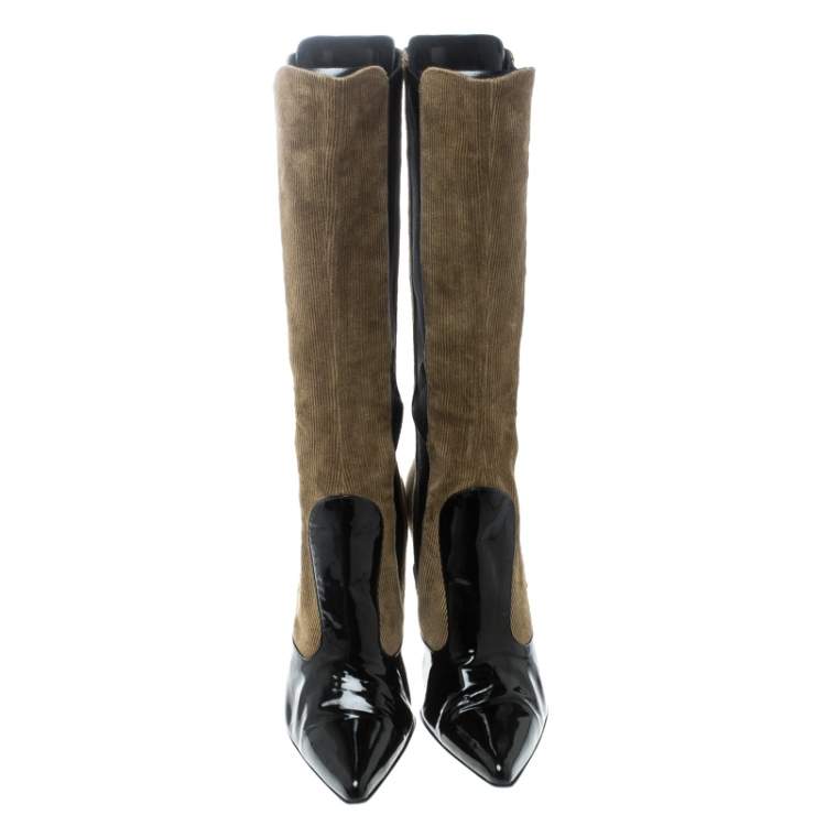 Pre Owned Dolce & Gabbana Black/Khaki Green Patent Leather and Corduroy Pointed Toe Boots Size 39