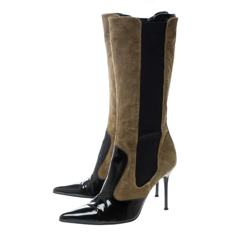 Pre Owned Dolce & Gabbana Black/Khaki Green Patent Leather and Corduroy Pointed Toe Boots Size 39
