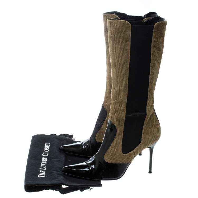 Pre Owned Dolce & Gabbana Black/Khaki Green Patent Leather and Corduroy Pointed Toe Boots Size 39