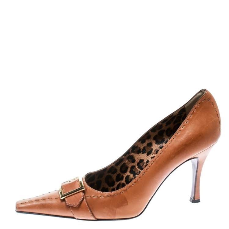 Pre Owned Dolce & Gabbana Brown Leather Buckle Detail Pointed Toe Pumps Size 39.5