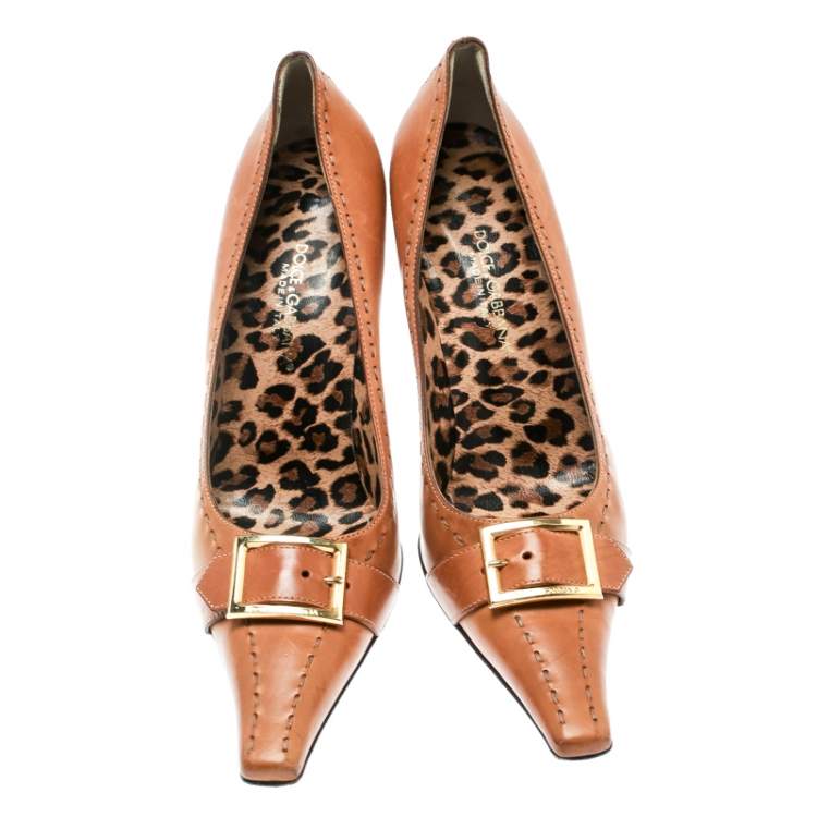 Pre Owned Dolce & Gabbana Brown Leather Buckle Detail Pointed Toe Pumps Size 39.5