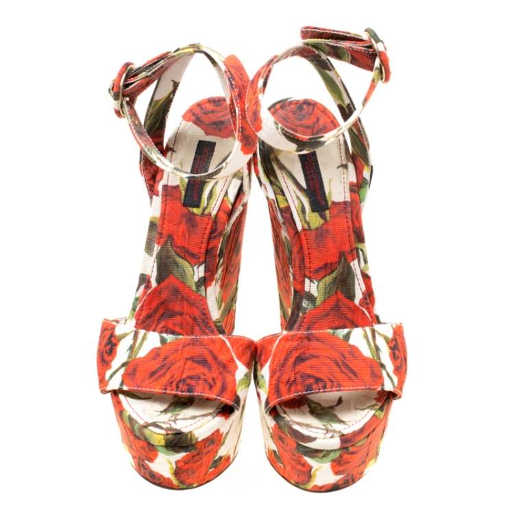 Pre Owned Dolce & Gabbana Multicolor Floral Printed Fabric Platform Wedge Sandals Size 37.5