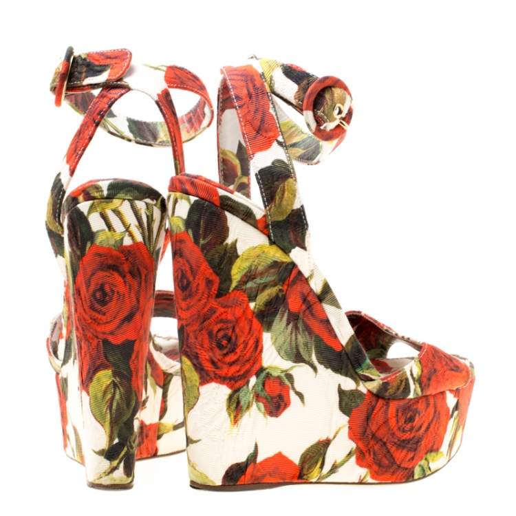 Pre Owned Dolce & Gabbana Multicolor Floral Printed Fabric Platform Wedge Sandals Size 37.5