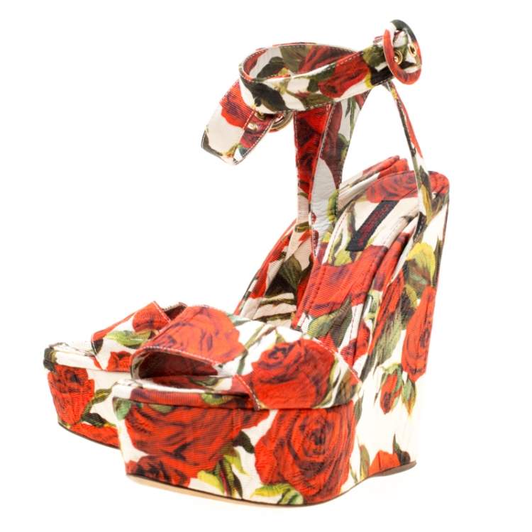 Pre Owned Dolce & Gabbana Multicolor Floral Printed Fabric Platform Wedge Sandals Size 37.5