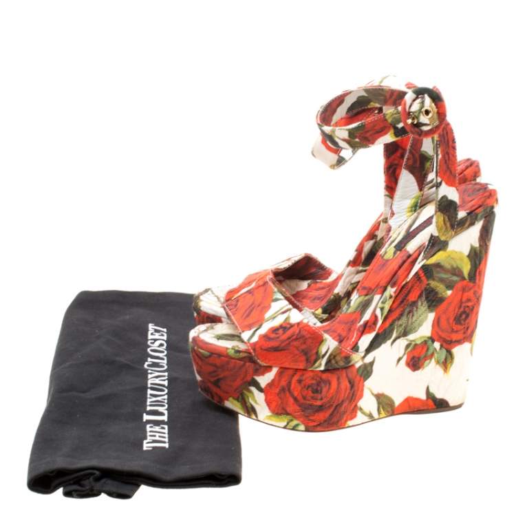 Pre Owned Dolce & Gabbana Multicolor Floral Printed Fabric Platform Wedge Sandals Size 37.5