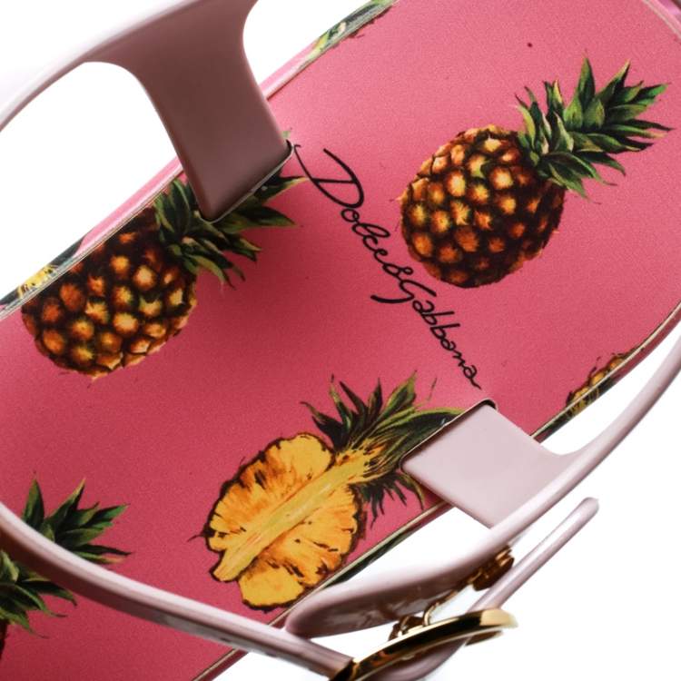 Pre Owned Dolce & Gabbana Pink Rubber Pineapple Print Crystal Embellished Platform Thong Sandals Size 39