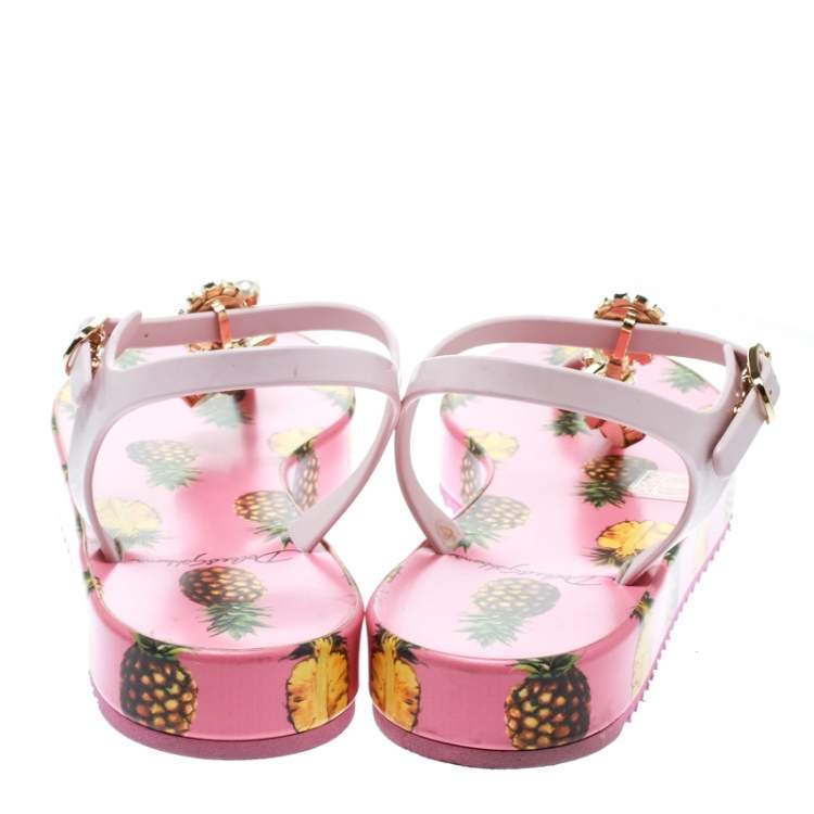 Pre Owned Dolce & Gabbana Pink Rubber Pineapple Print Crystal Embellished Platform Thong Sandals Size 39