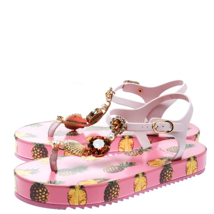 Pre Owned Dolce & Gabbana Pink Rubber Pineapple Print Crystal Embellished Platform Thong Sandals Size 39