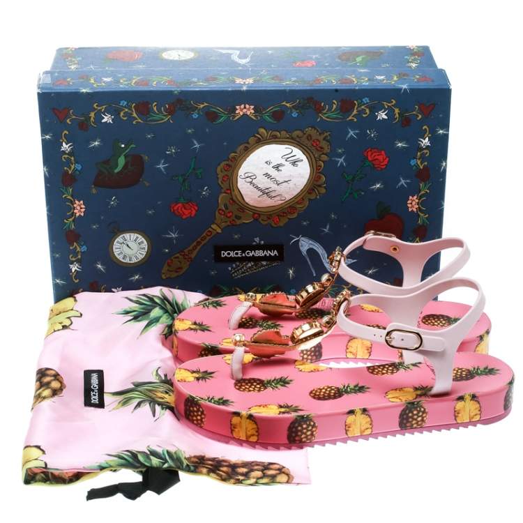 Pre Owned Dolce & Gabbana Pink Rubber Pineapple Print Crystal Embellished Platform Thong Sandals Size 39
