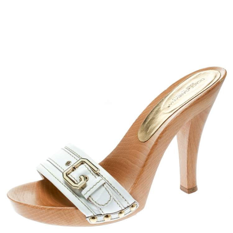 Pre Owned Dolce & Gabbana White Leather Buckle Detail Wooden Clogs Size 38