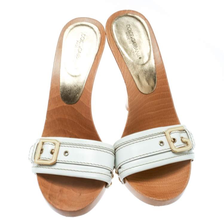 Pre Owned Dolce & Gabbana White Leather Buckle Detail Wooden Clogs Size 38