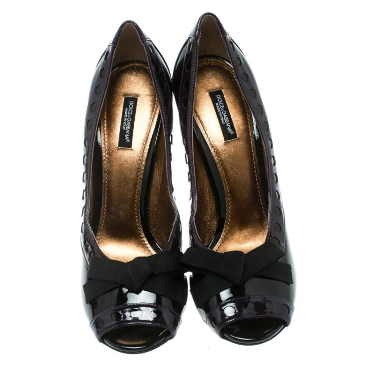 Pre Owned Dolce & Gabbana Black/Purple Patent Leather Peep Toe Bow Pumps Size 40