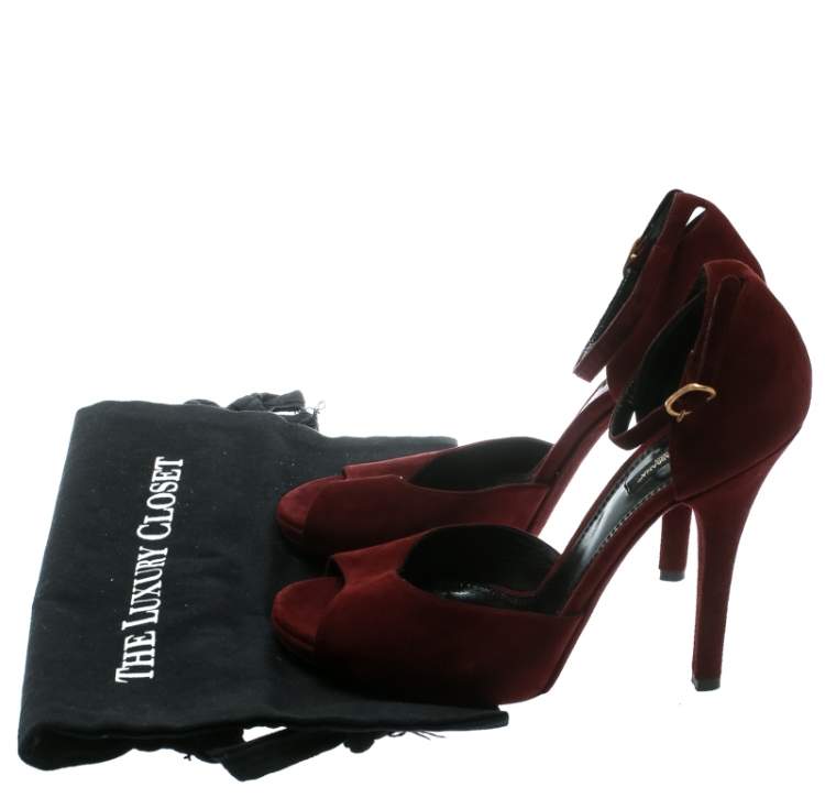 Pre Owned Dolce & Gabbana Red Suede Keira Ankle Strap Peep Toe Sandals Size 39