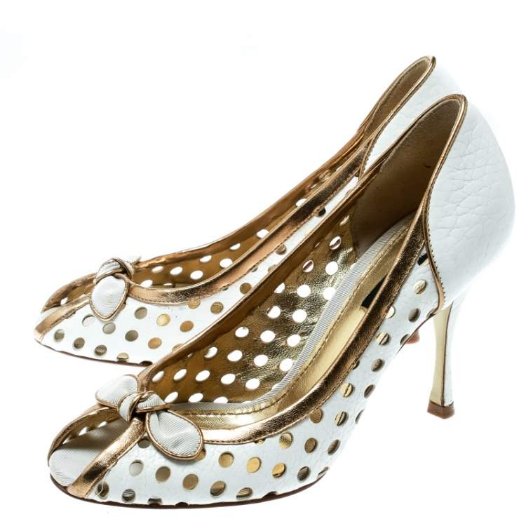 Pre Owned Dolce & Gabbana White/Gold Perforated Leather Bow Detail Peep Toe Pumps Size 36.5