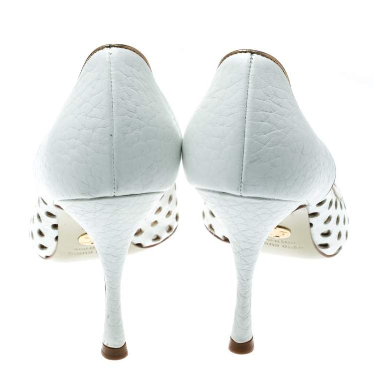 Pre Owned Dolce & Gabbana White/Gold Perforated Leather Bow Detail Peep Toe Pumps Size 36.5