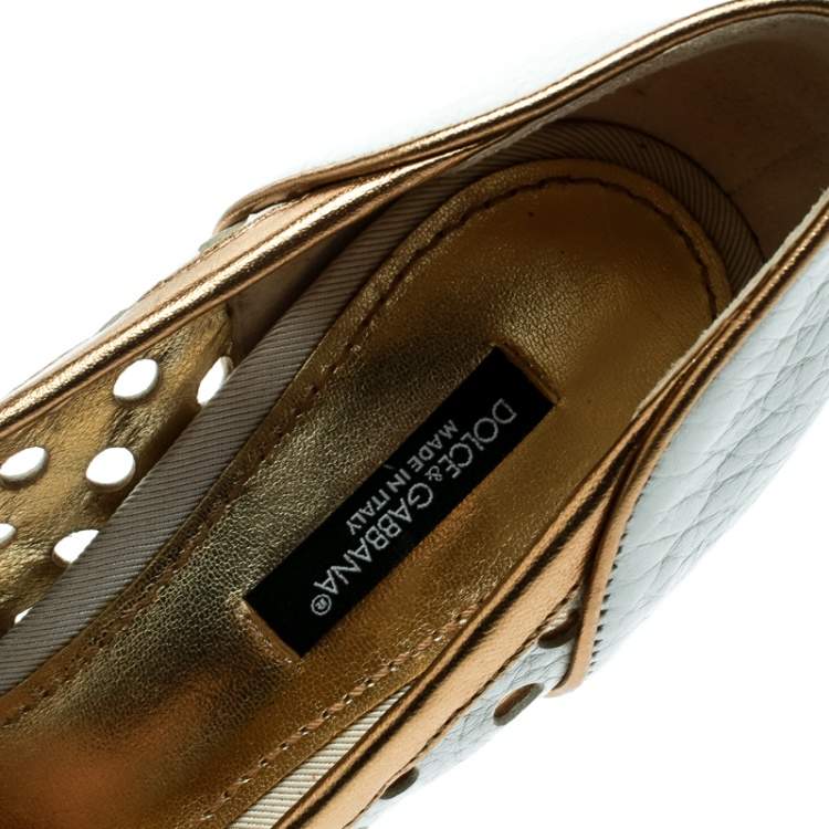 Pre Owned Dolce & Gabbana White/Gold Perforated Leather Bow Detail Peep Toe Pumps Size 36.5