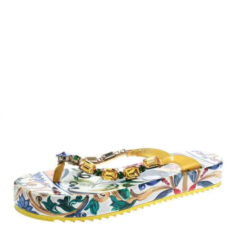 Pre Owned Dolce & Gabbana Multicolor Crystal Embellished Leather Platform Thong Sandals Size 38