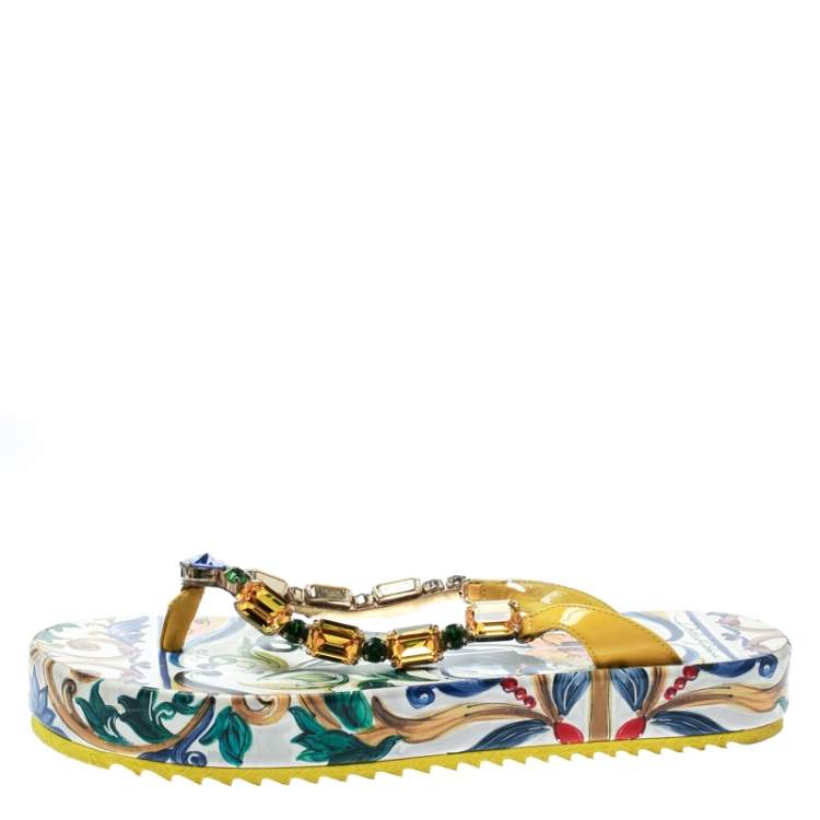 Pre Owned Dolce & Gabbana Multicolor Crystal Embellished Leather Platform Thong Sandals Size 38