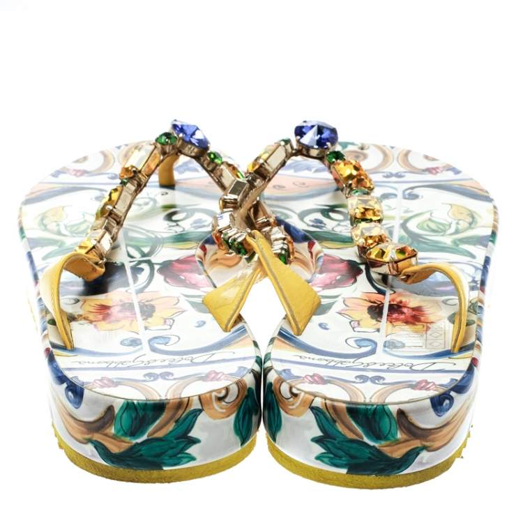 Pre Owned Dolce & Gabbana Multicolor Crystal Embellished Leather Platform Thong Sandals Size 38