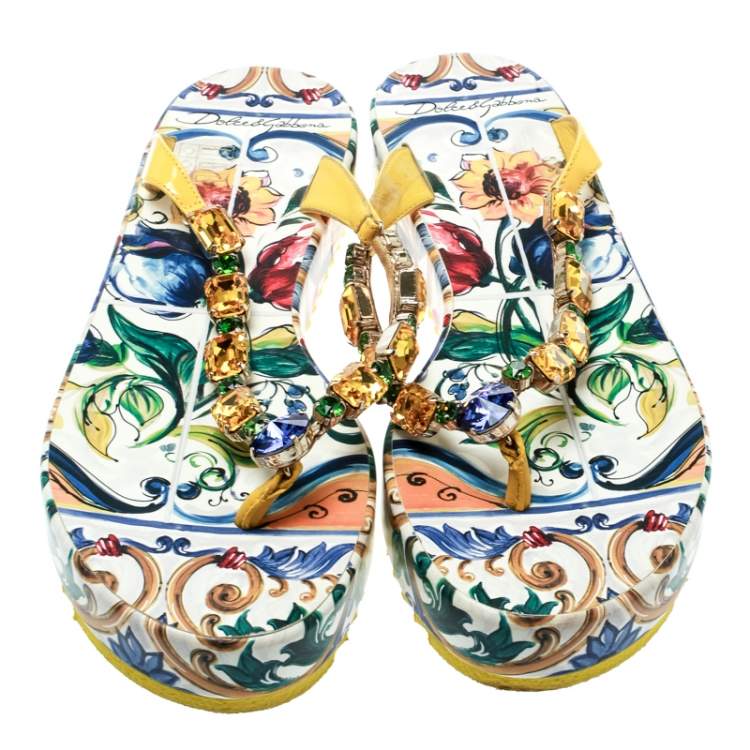 Pre Owned Dolce & Gabbana Multicolor Crystal Embellished Leather Platform Thong Sandals Size 38