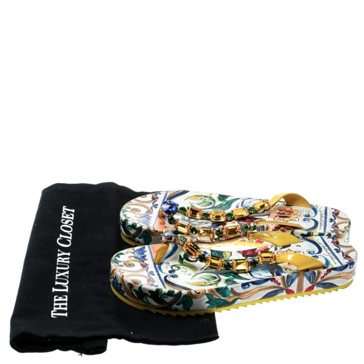 Pre Owned Dolce & Gabbana Multicolor Crystal Embellished Leather Platform Thong Sandals Size 38