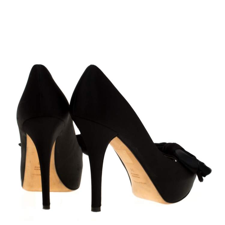 Pre Owned Dolce & Gabbana Black Satin And Lace Bow Peep Toe Pumps Size 39