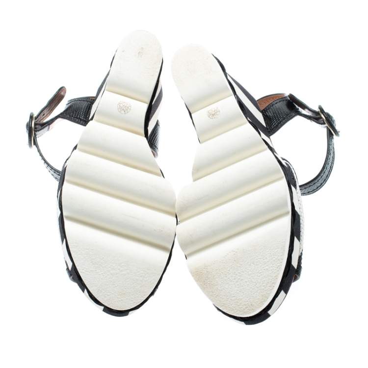 Pre Owned Dolce & Gabbana Monochrome Leather And Lizard Embossed Leather Ankle Strap Platform Wedge Sandals Size 39