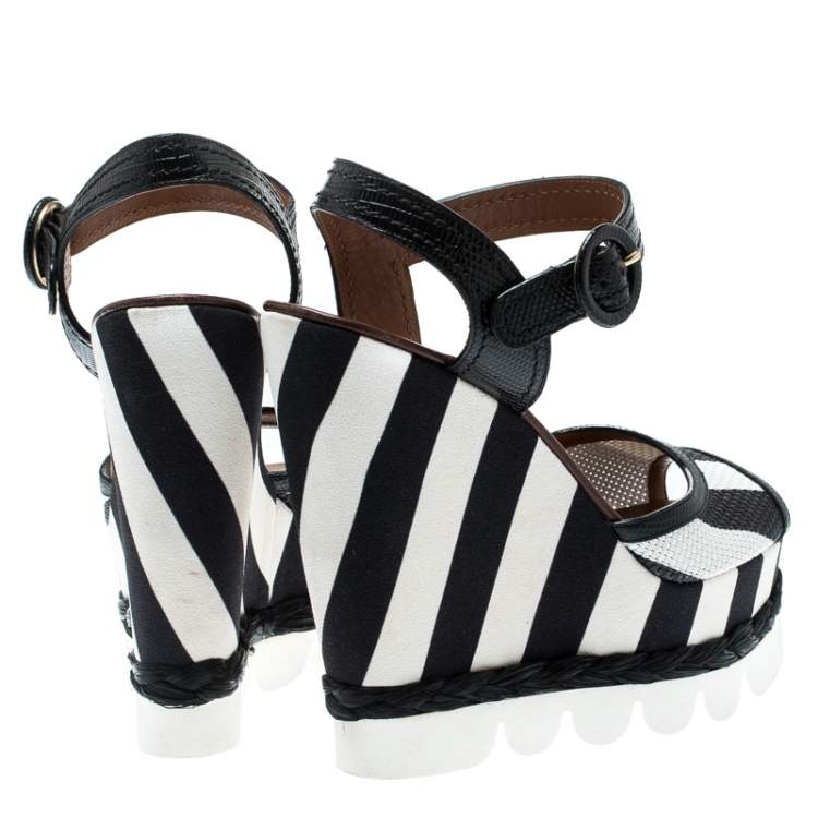 Pre Owned Dolce & Gabbana Monochrome Leather And Lizard Embossed Leather Ankle Strap Platform Wedge Sandals Size 39